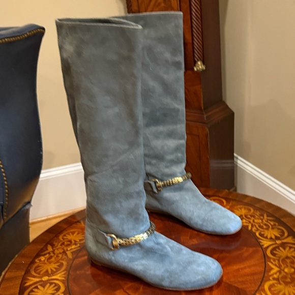 Vintage Y2K Botkier Grey Suede Knee high boots w/Gold Chain Size 37.5/7 $398 - Picture 3 of 13